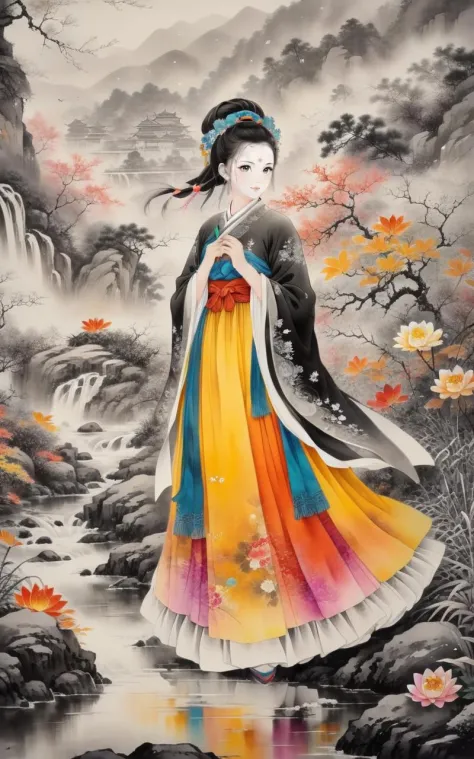traditional chinese ink painting,black and white ink painting,<lora:GuFengXLLora:0.5>,
Women, flower skirts, colorful, beautiful...
