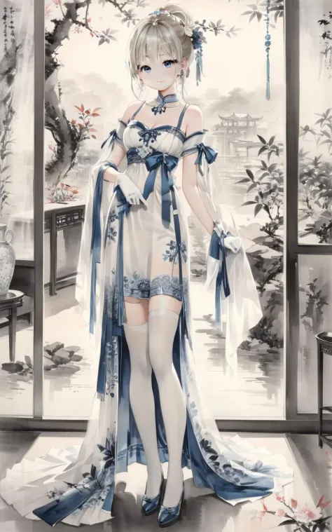 traditionelle chinesische Tuschmalerei,Schwarz-Weiß-Tuschemalerei,1 Mädchen, Blondes Haar, Allein, Strümpfe, blaue Augen, Handschuhe, lange Haare, Kleid, Strumpfhalter, white Strümpfe, nackten Schultern, white Kleid, Betrachter betrachten, white Handschuhe, Fenster, Brüste, Haarverzierung, drinnen, erröten, lächeln, bangs, Stehen, Schmuck, medium Brüste, Ohrringe, abgesetzte Ärmel, geschlossener Mund, Vorhänge, Anlage, Schleife, flechten, kurze Ärmel, Füße aus dem Rahmen