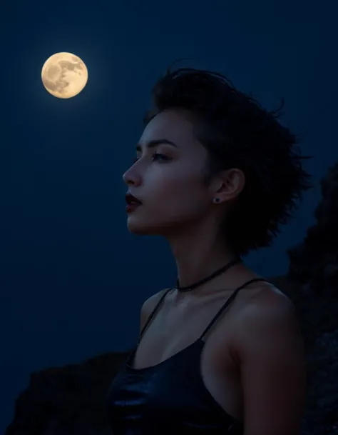 (fermer, Haut du corps, photo de profil:1.3), fille mignonne et fougueuse, cheveux courts et noirs en désordre de style punk, haut tube noir, à flanc de falaise, minuit, ciel sombre, pleine lune, (Ambiance sombre, faible contraste, faible, tons sombres, teintes bleu noir, Clair de lune:1.8), silhouette