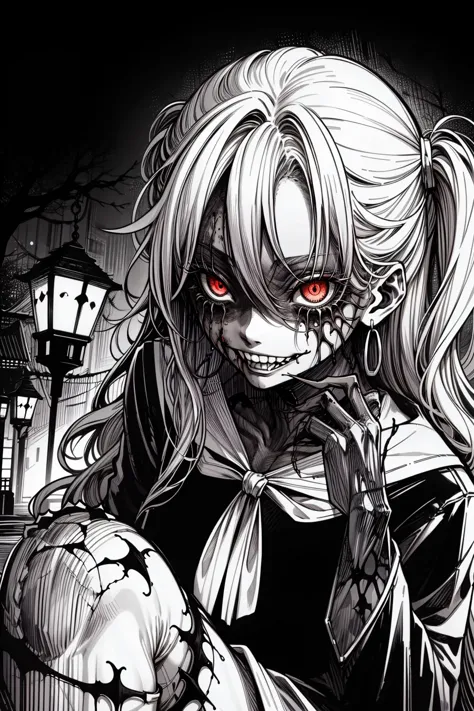 masterpiece:1.2, high quality, best quality, 1girl, solo, horror \(theme\), vampire, blonde hair, red eyes, fangs, evil grin, <l...