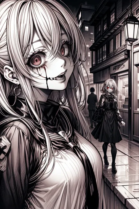 masterpiece:1.2, high quality, best quality, 1girl, solo, horror \(theme\), vampire, blonde hair, red eyes, fangs, evil grin, <l...