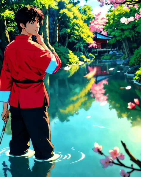 anime man in red jacket standing in water with sword