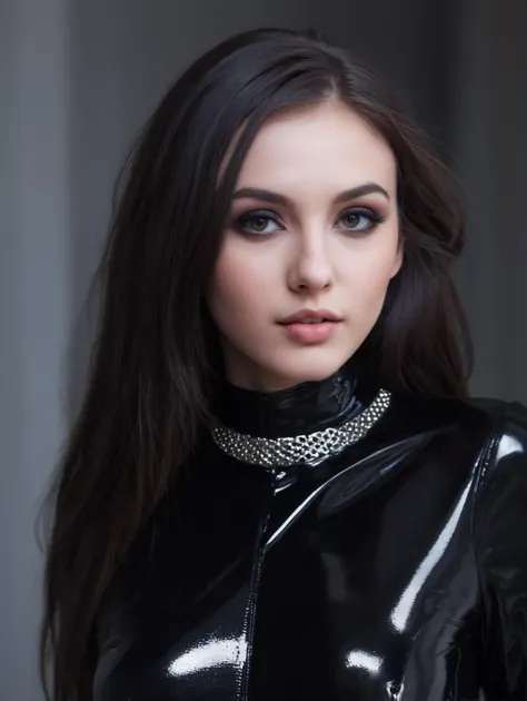 a close up of a woman in a black latex outfit