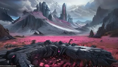 a large alien spaceship flying over a pink desert landscape