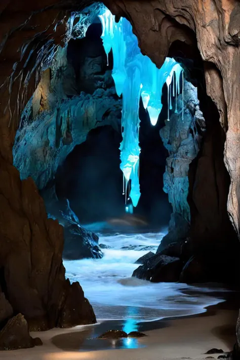 arafed view of a cave with a frozen waterfall coming out of it