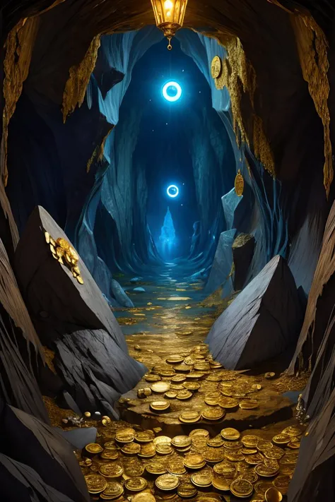 giant eye, eye monster, floating eye, spiderleg, piles of treasure, treasure cave, tunnel, castle, cliff, stairs, city, cave, dungeon, hall, hole, lamp, darkness, stalactite, stalagmite, realism, chest, Aladdin gold coins, detailed, piles of coins, gold dust, crystals, jewels, EyeD, Gold, Goldy, <lora:GoldyBlack_v1.1:1>, <lora:lowkey_v1.1:0.4>