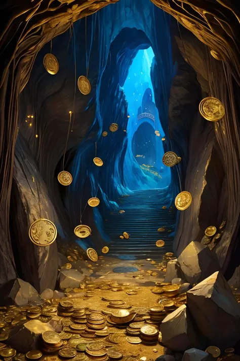 a picture of a tunnel with gold coins coming out of it