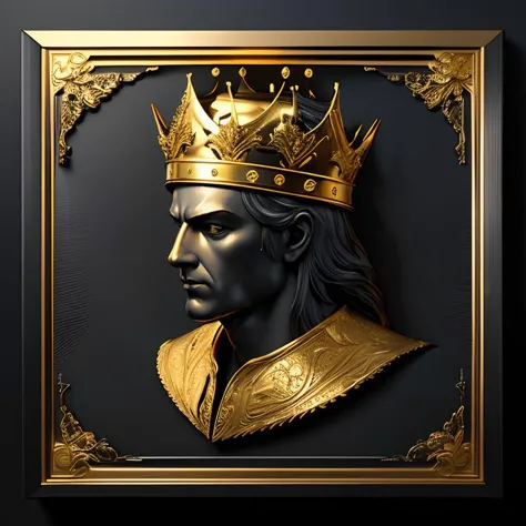 a golden king men on a matte black background with a gold border around, with a decorative intricate border around, matte gold leaf, very highly detailed digital art, a 3D render, 16K  <lora:GoldyBlack_v1.1:1>