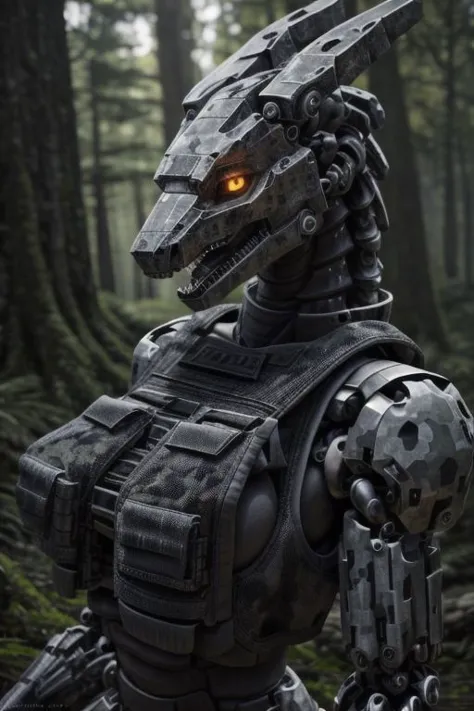 a close up of a robot in a forest with trees