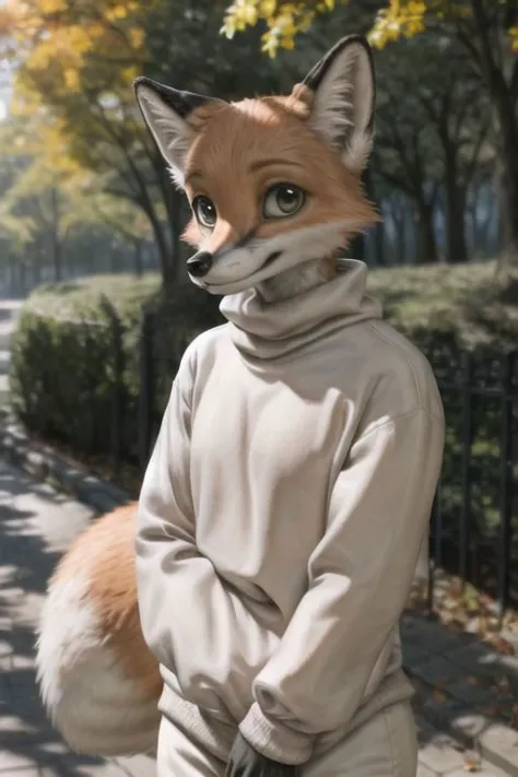 ASCIIAnime style, masterpiece, ecafless, fox, in park, wearing sweater,