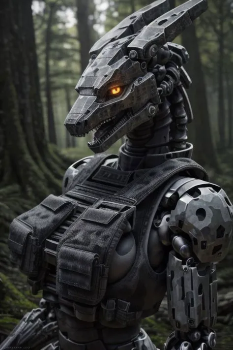 a close up of a robot in a forest with trees