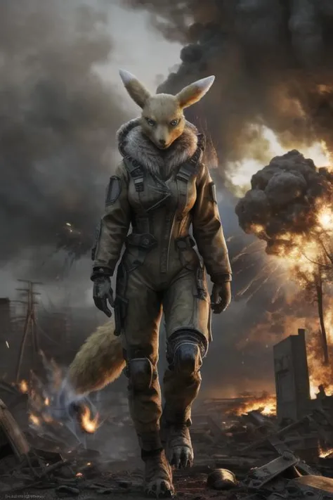 real e621, photorealistic, masterpiece
(apocalypse, fire, explosions:1.2)
furry, renamon, radiation suit