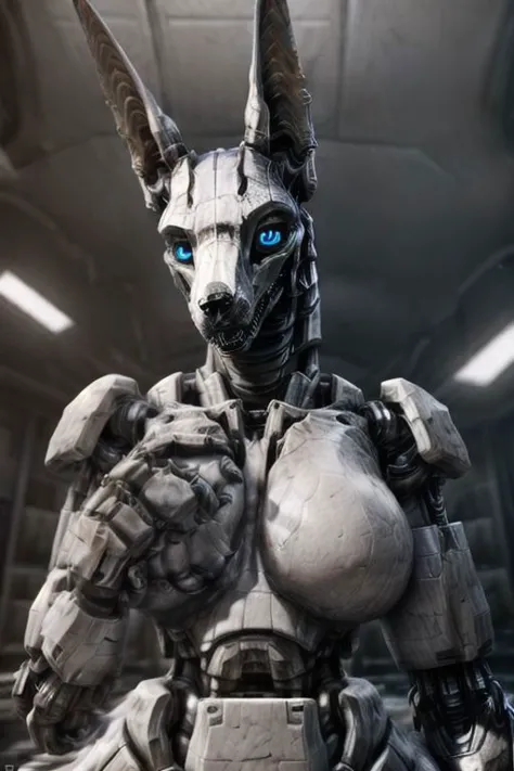 {{real e621}}, {{{photorealistic}}}, masterpiece, robotic jackal, white body, blue eyes, standing over viewer, wearing maid outf...