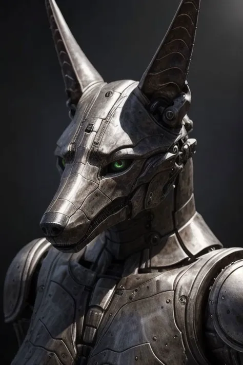 a close up of a metal statue of a dog wearing armor