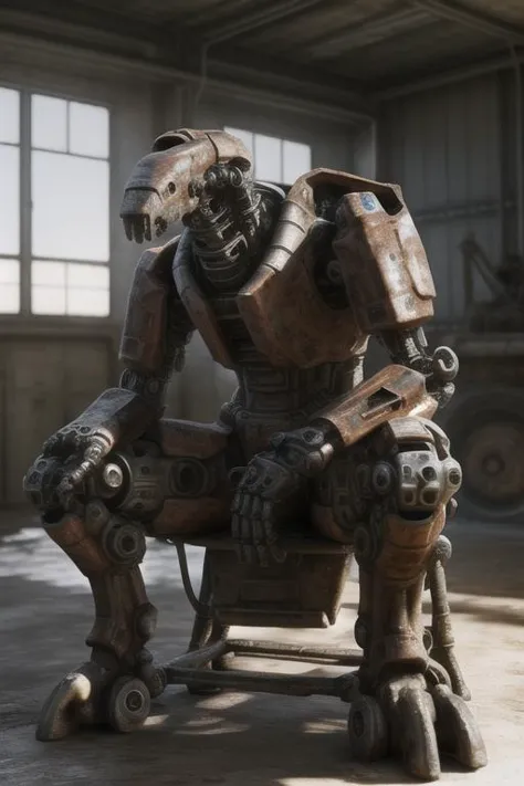 real e621, photorealistic, masterpiece, very bright lighting and bright composition, mech, industrial, (thin:1.3), mechanical, (archaic, rusty:1.3), sitting on chair