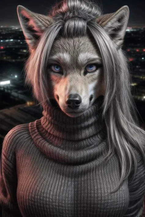 ASCIIReal e621, photorealistic, masterpiece, (((anthro female wolf, anime hair, furred body, wearing gray turtleneck sweater and...