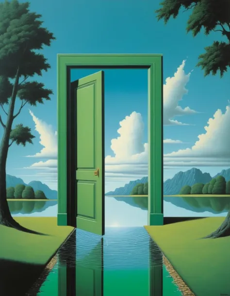 in the style of rene magritte,rene magritte style,rene magritte art,rene magrittea painting of a door with a green door and water, wayne barlowe pierre pellegrini, by rainer hosch, surrealist landscape painting, chris achilleos, stefan koidl, laurent durieux, surreal scene, surrealist landscape, micheal whelan, rob gonsalves and tim white, peter driben, alexey egorov, magical realist