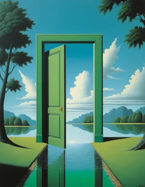 no estilo de René Magritte,Estilo René Magritte,Arte René Magritte,pintura de rene magrittea de uma porta com porta verde e água, wayne barlowe pierre pellegrini, por Rainer Hosch, paisagem surrealista painting, Chris Aquiles, Stefan Koidl, Laurent Durieux, cena surreal, paisagem surrealista, Michel Whelan, Rob Gonsalves e Tim White, Peter Driben, Alexei Egorov, realista mágico