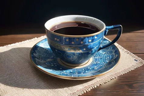 there is a cup of coffee on a saucer on a table