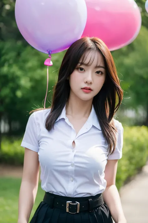 a woman in a white shirt and black skirt holding two pink and purple balloons