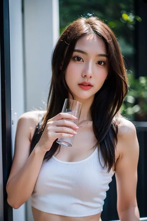 (best quality:1.4), (ultra highres:1.2), (photorealistic:1.4), (8k, RAW photo:1.2),(portrait shot:1.3), pinomyim, 1girl, bare shoulders, black hair, breasts, cup, drinking glass, holding, holding cup, lips, medium breasts, midriff, realistic, long hair, solo, upper body, black tank top, tank top, 