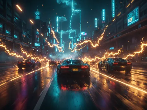 glowneon, cinematic film still, multiple cars racing super fast, emitting sparks and lightnings, dark cyan and gold <lora:glowne...