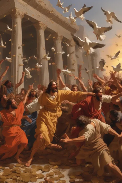 <lora:Nicolas Poussin Style:1>Nicolas Poussin Style - Depict a scene of fervor and disruption in the Jerusalem temple. Jesus is ...