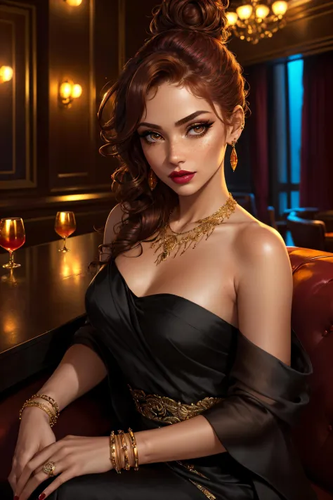 1girl, looking at viewer, (fashion photography:1.2), (portrait photography:1.2), (glamour photography:1.2), colorful, cinematic composition, flirty, tease, playful expression, confident, self-assured, bold, poised, (hazel eyes:0.8), redhead, (foundation, concealer, mascara, rosy cheeks, smokey eye makeup, lipstick:1.3), (beautiful, gorgeous, flawless complexion:1.2), nail polish, freckles, earrings, necklace, bracelets, rings, burnt orange, chestnut brown, deep burgundy, gold leaf yellow, smoky gray, luxurious night club, dim mood lighting, accent lighting, high end, upscale, posh, fancy ornate bar, sitting, elegant dignified pose, (night, midnight, night sky:1.25), (short black cocktail dress:1.25), diamond necklace, strapless, bare shoulders, professional photography, HDR (High Dynamic Range), subsurface scattering, realistic, heavy shadow, masterpiece, ultra realistic, high resolution, golden ratio, rule of thirds, intricate, high detail, film photography, DSLR, (medium shot:1.3), (adult:1.4), petite, slim waist, small breasts, wavy hair, long hair, (hair up in messy bun:1.3)