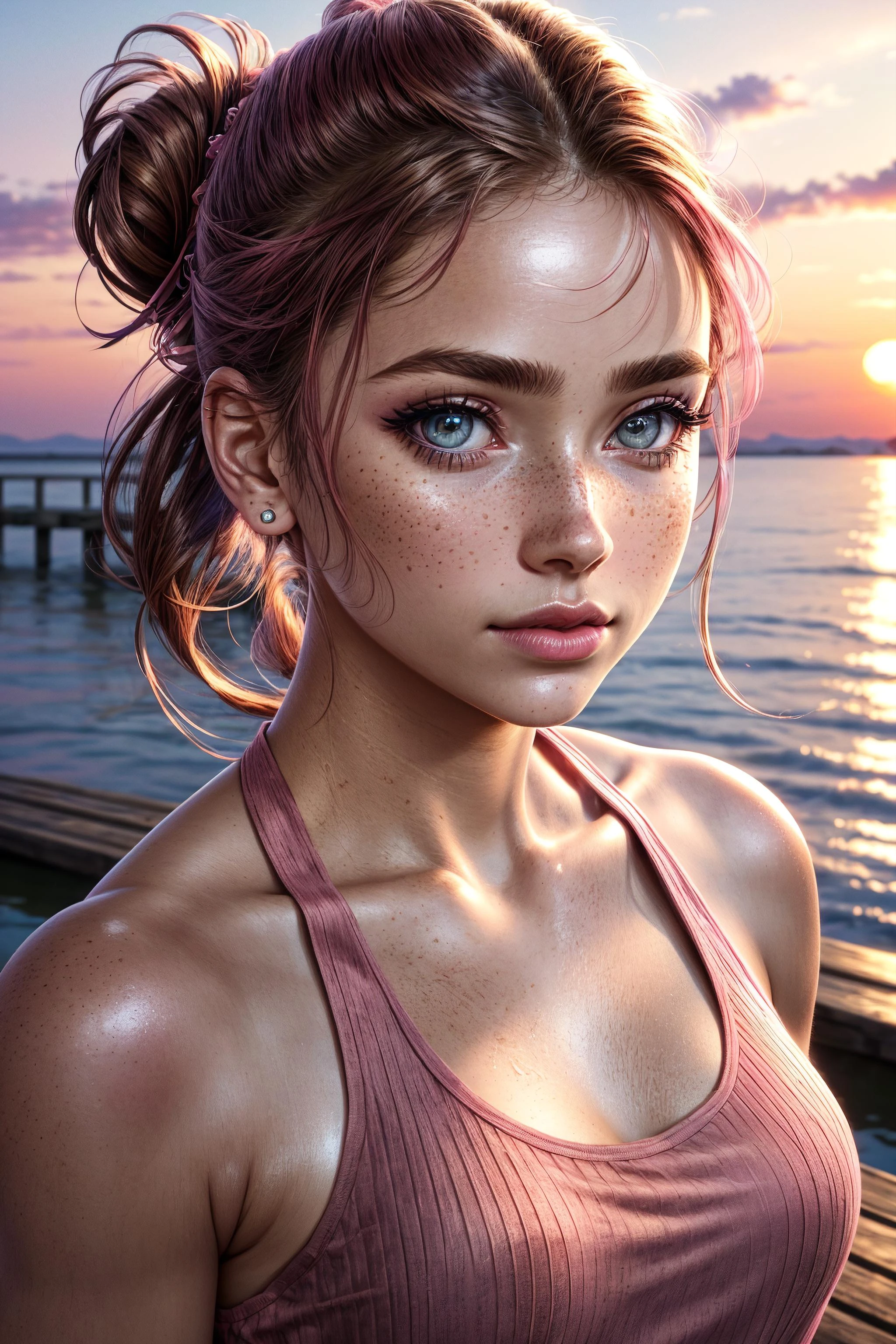on the wooden pier, (tank top:1.2), (pink halter top:1.4), 1girl, fully clothed, looking at viewer, (extreme close up, ecu, full face shot:1.3), (detailed face:1.4), (candid photography:1.2), colorful, content, relaxed, soft smile, (shoulder length hair:1.3), (foundation, concealer, mascara, rosy cheeks, smokey eye makeup, lipstick:1.3), nail polish, (beautiful, gorgeous, flawless complexion:1.2), hair clips, hair bands, ribbons, lip gloss, shiny lips, freckles, antique rose, rustic brown, warm beige, dusty blue, faded olive, standing, (sunset, dusk:1.25), fcDetailPortrait, professional photography, HDR (High Dynamic Range), subsurface scattering, realistic, heavy shadow, masterpiece, ultra realistic, high resolution, golden ratio, rule of thirds, intricate, high detail, film photography, DSLR, (hair up in ponytail:1.3), (blue eyes:0.8), brunette hair