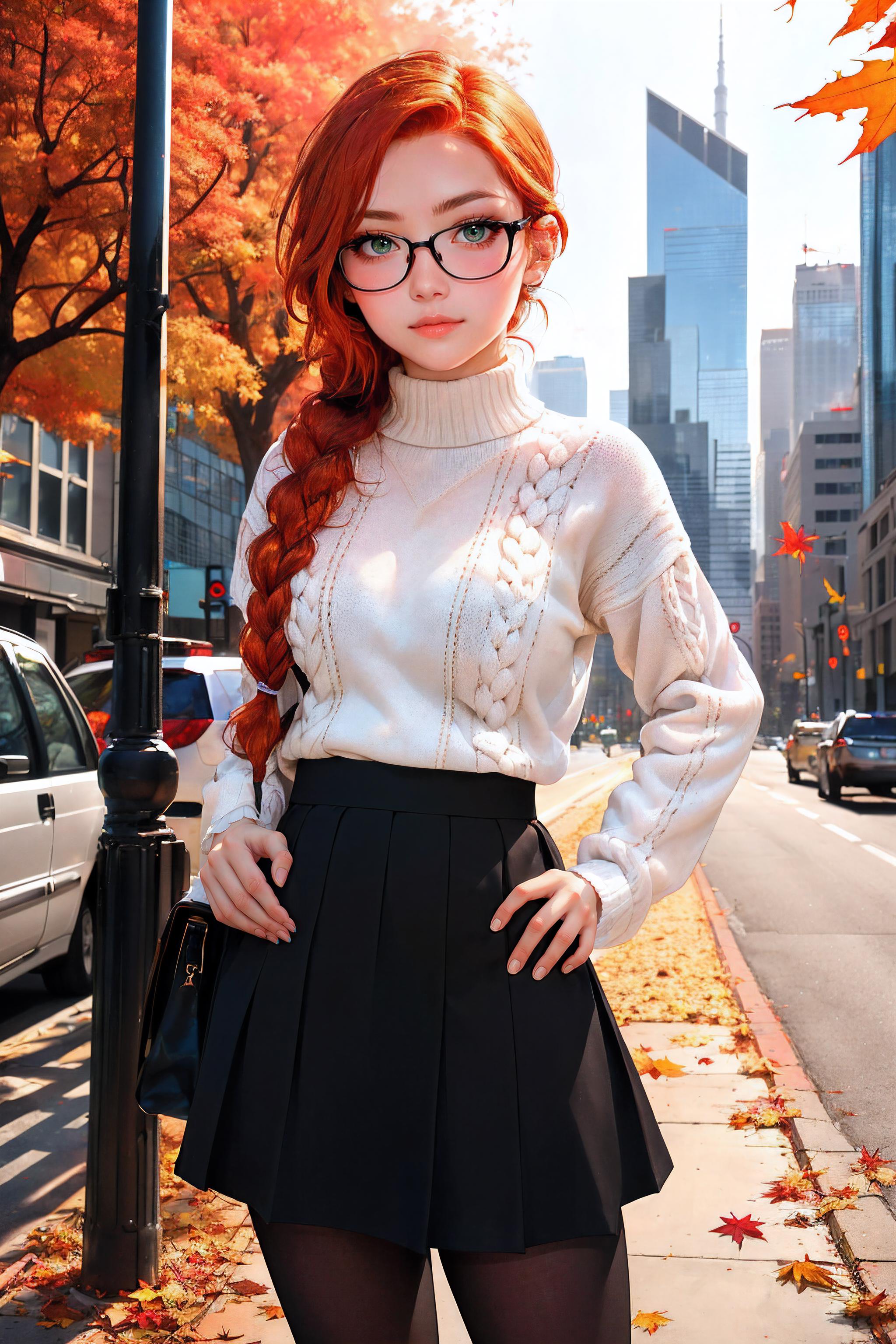 Arafed redhead haired woman in a white sweater and black skirt - SeaArt AI