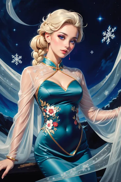 Fairy tale ((sparkling glowing black opal:1.2 iridescent style gems)), 1girl, solo, close-up, elsa \(frozen\), (blue:1.1 cotton dress), gossamer cloak, (frost magic), (snowflakes), platinum blonde braid,  high quality, best quality, highres, high detail, contrapposto starlight, starry night, chaos, ((Yoshiyuki Sadamoto)) cel shading, lineart, (vibrant colors), <lora:lun4r_dr3ss:0.6> lun4r_dr3ss,sexy, see-through shimmering gossamer  cheongsam, long sleeves, cleavage cutout,  . Magical, fantastical, enchanting, storybook style, highly detailed