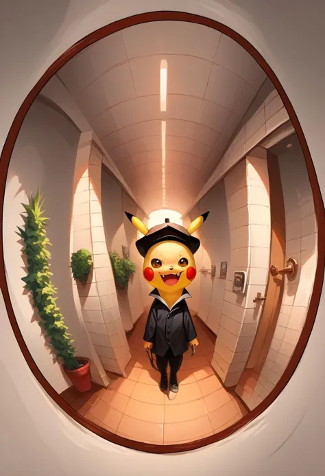 score_9, score_8_up, score_7_up, source_anime, pikachu, pokemon, detective hat, fang out, evil smile, from above, fisheye, detai...