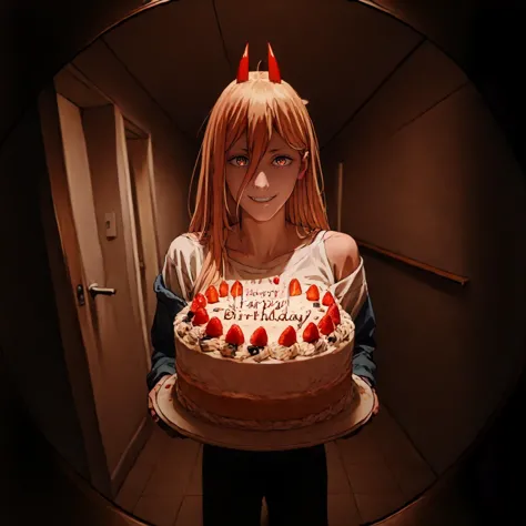 score_9, score_8_up, score_7_up BREAK  masterpiece, newest, Highly detailed, zzHoldingCake, cake, birthday cake, happy birthday, fisheye, hallway, 1girl, p0w3r0x1, long hair, blonde hair, red horns,demon pupils, white shirt, off shoulder,  smile   <lora:HoldingCakePDXL:1> <lora:doorFisheyeConceptPDXL_v10:1> <lora:P0w3eeerXL_Pony_v1:1>