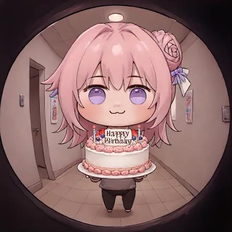 score_9, score_8_up, score_7_up BREAK  masterpiece, newest, Highly detailed, zzHoldingCake, cake, birthday cake, happy birthday, fisheye, hallway, doro, creature, chibi, :3, no humans, solid circle eyes, no pupils, white skin, pink hair, purple eyes, hair bun, hair bow   <lora:HoldingCakePDXL:1> <lora:doorFisheyeConceptPDXL_v10:1>  <lora:Doro_X_PDXL_V1:1>