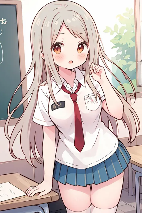 anime girl in school uniform standing in front of a blackboard