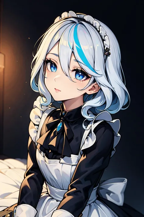 anime girl with blue eyes and white hair sitting on a bed