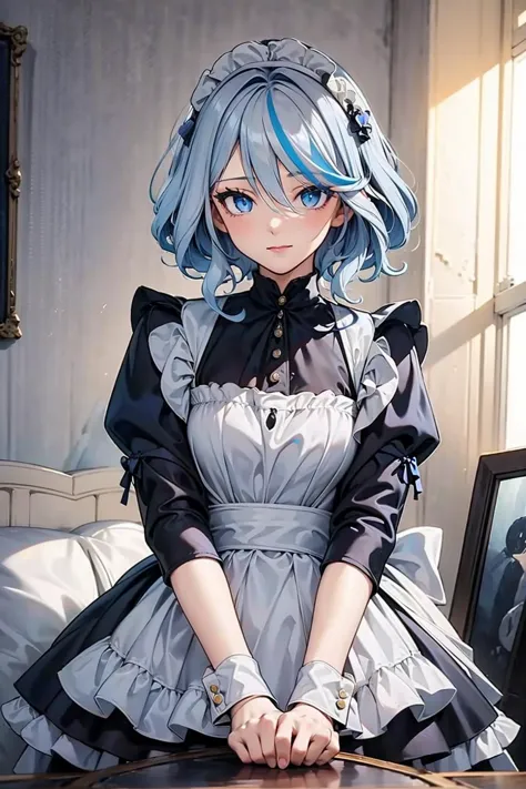 ((masterpiece)), (best quality), 1girl, vivid eyes, detailed face, atmospheric lighting,
<lora:maid_attire_v2:0.5> maid attire, black pantyhose, high heels 
<lora:furlna-vA:0.8> blue eyes, blue hair, white hair, streaked hair