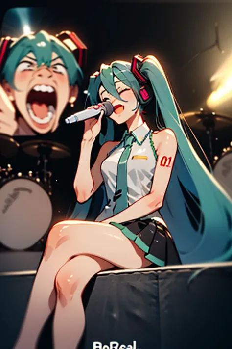 <lora:madscream-08:1> madscream, sitting, holding, singing, crossed legs, open mouth,  hatsune miku, masterpiece, best quality