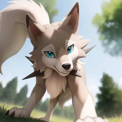 there is a drawing of a wolf with blue eyes and a spiked tail