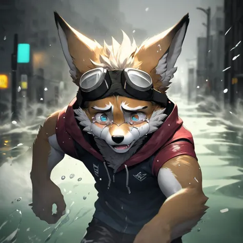 anime fox with goggles running through a flooded street