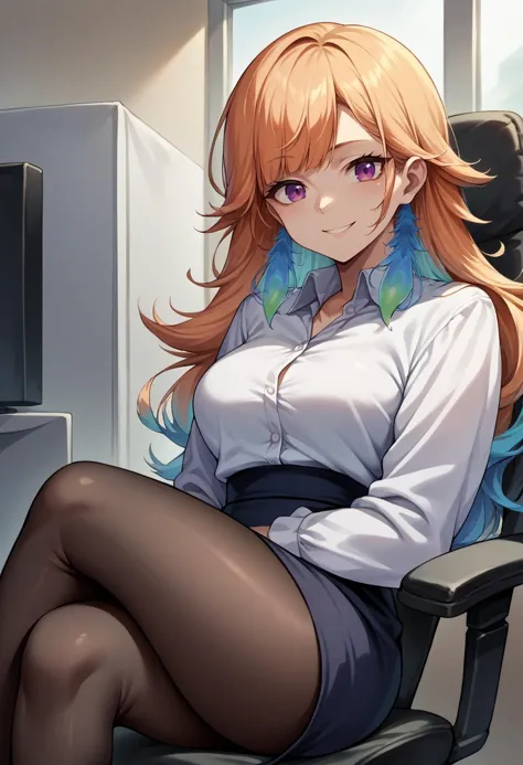 anime girl sitting in a chair with her legs crossed