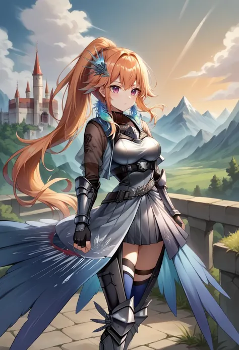 a woman in armor standing on a stone path with a castle in the background