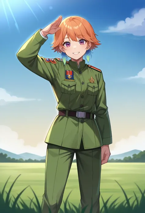 a woman in a uniform saluting in a field