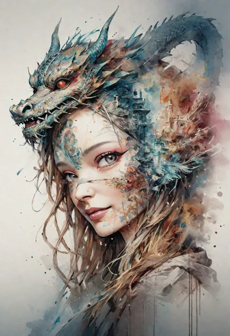 Una mujer con una máscara de dragón chino muestra la mitad de su rostro al público y sonríe,por Minjae Lee, Carne Griffiths, Emily Kell, Steve McCurry, Geoffroy Thoorens, Aaron Horkey, Jordan Grimmer, Greg Rutkowski, amazing depth,Alta resolución, Pintura en tinta