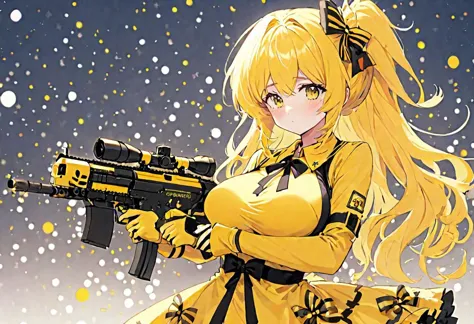 safe_pos, anime artwork image of a yellow hair anime girl holding a black and yellow mistletoe machine gun, Christmas decoration...