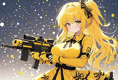 安全_ポス, 黄色い髪のアニメの女の子が黒と黄色のヤドリギの機関銃を持っているアニメの芸術作品画像, クリスマスの飾り, ワイフ, スタイル-psycho, パステル_スタイル, 高解像度, 最高品質, 高品質, 美的, 黄色い服, 傑作, スタジオ anime, 大きな胸, 細部までこだわった, 壁紙, 劇的, 鮮やかな色彩, anime スタイル, キービジュアル, 活気のある, スタジオ anime, 非常に詳細な, スタジオ, 美しい, 雪景色の背景