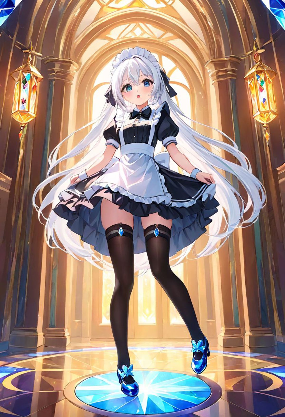 Anime style, maid outfit, long straight white hair, {{black thigh - SeaArt  AI