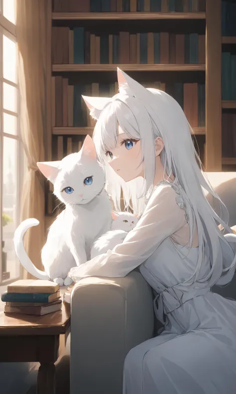 (masterpiece),(highest quality),highres,(an extremely delicate and beautiful),(extremely detailed),
a young girl with white hair and wearing a white dress sits on a couch, embracing a white cat, She has cat ears and a tail, showing her to be a feline creature like human,  with a window letting in natural light and a bookshelf full of various books, Nearby, one can see a cup placed on a table,
depth of field, blurry foreground, blurry background