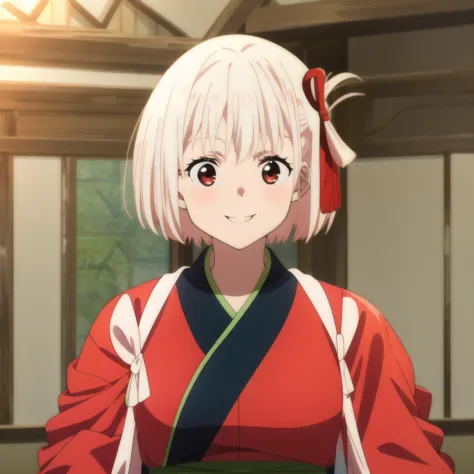 anime girl in a red kimono outfit with a red bow