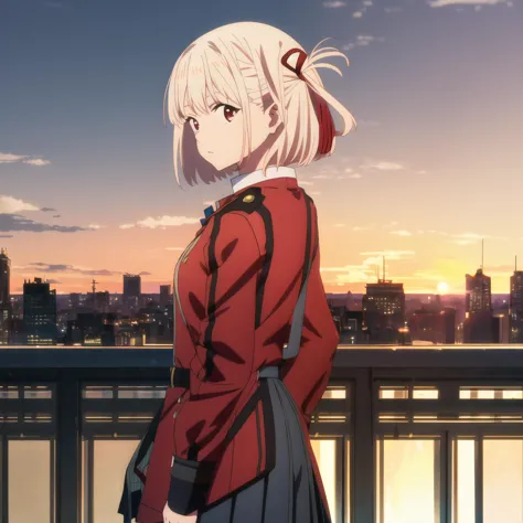 anime girl standing on a bridge looking out over a city